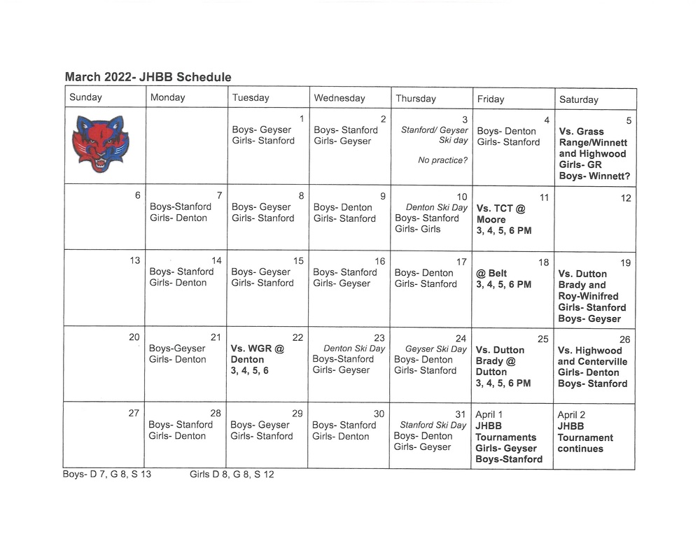2022 DGS JHBB Practice Calendar