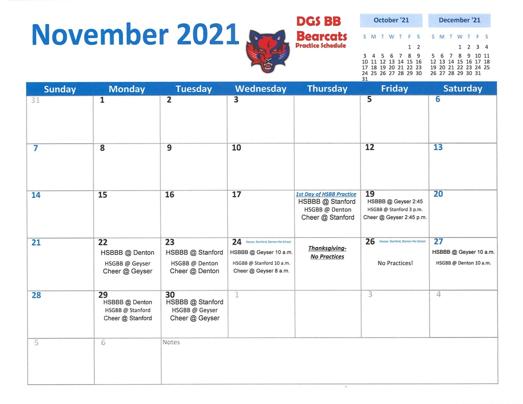 DGS November HSBB/Cheer Practice Schedule
