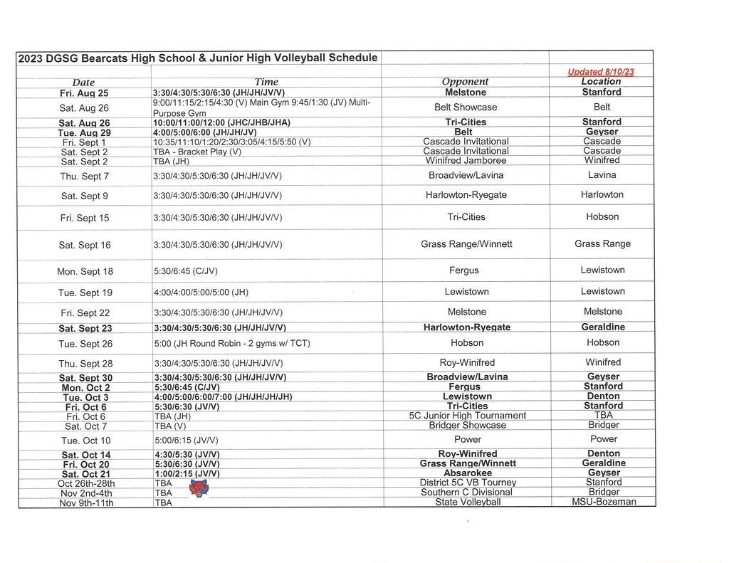 2023 DGSG Volleyball Schedule
